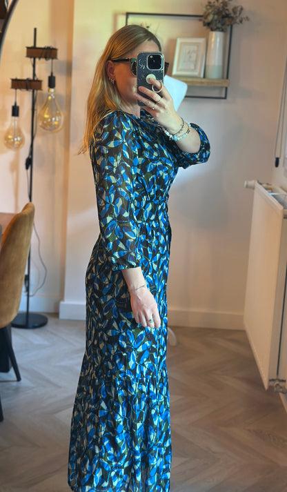 Robe longue imprimé graphique bleu neuve avec étiquette T.34