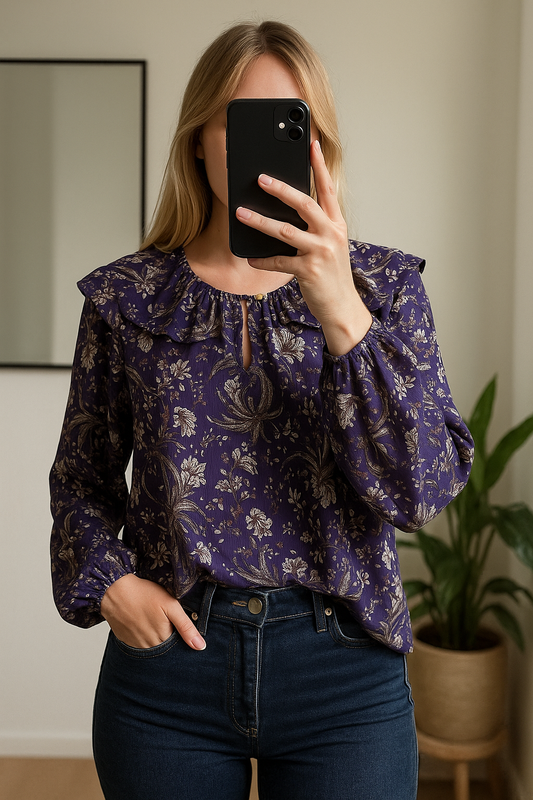 Blouse fleurie volants violet T.42