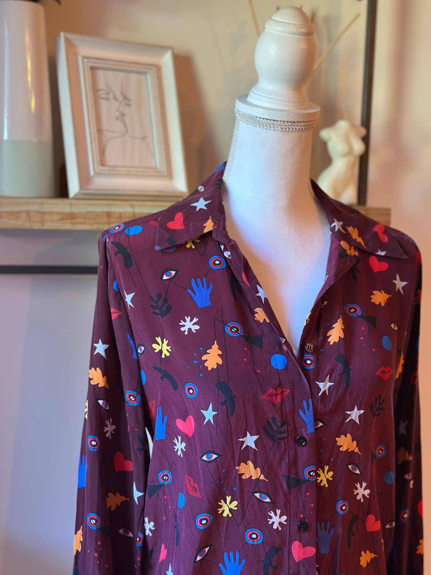 Chemise à motifs  imprimée en soie bordeaux multicolore T.36