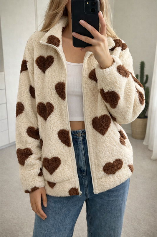 Veste teddy à cœurs marron neuf T.36/38 oversize