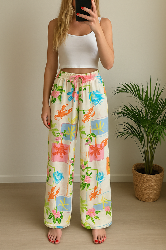 Pantalon large imprimé tropical, Neuf T.34/36