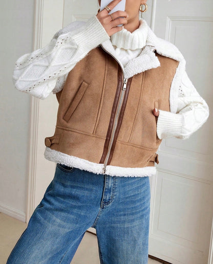 Veste sans manches style peau retournée beige et écru T.34