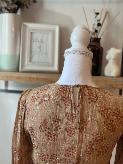 Robe midi imprimé fleuri beige nude et lurex doré taille 34
