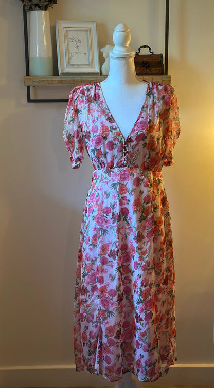 Robe longue fleurie à fils lurex T.38