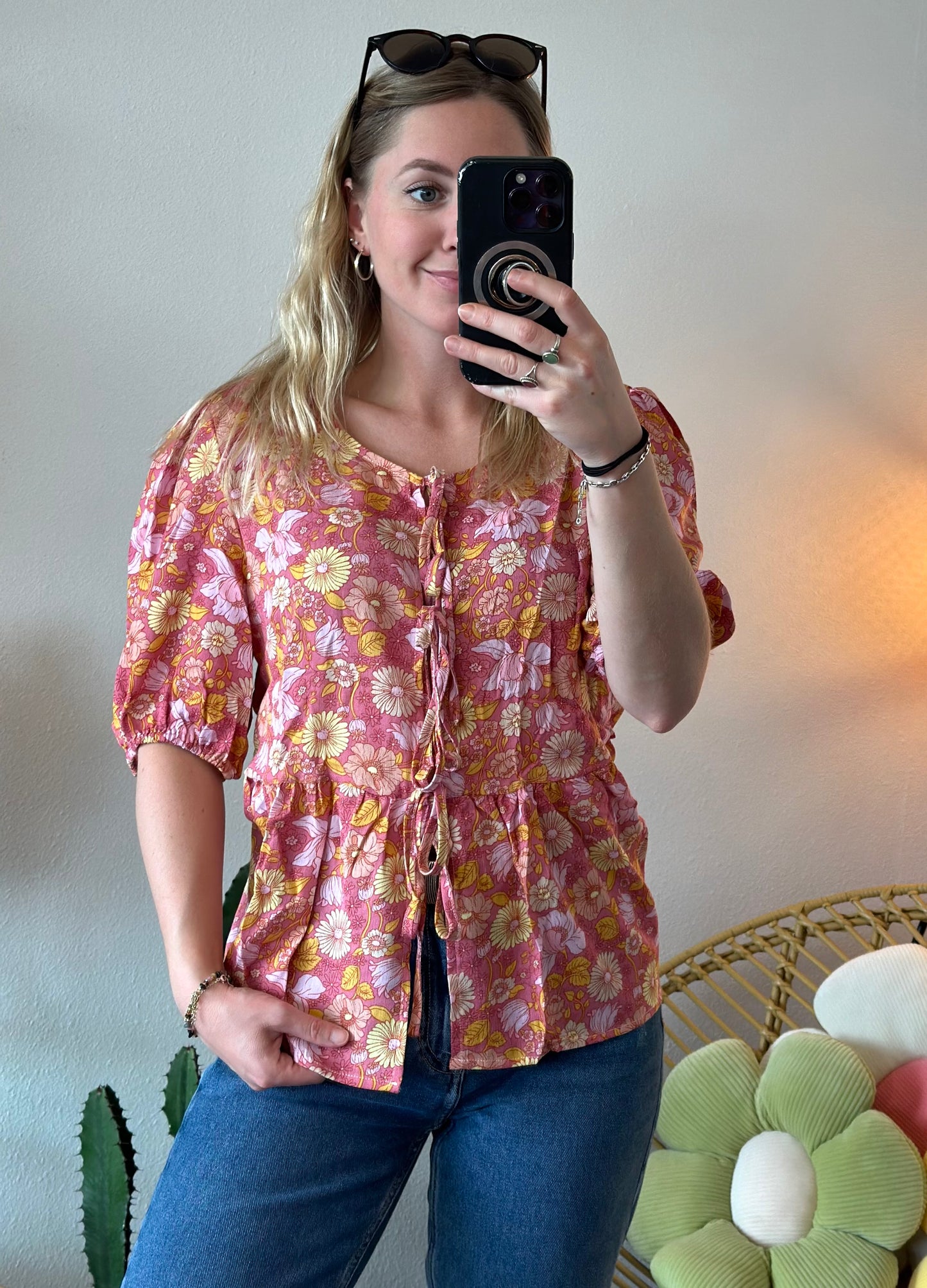 Blouse avec nœud, motifs fleuris rose orange, T.36/38