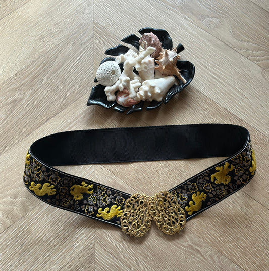 Ceinture vintage brodée noire et or boucle dorée - taille unique