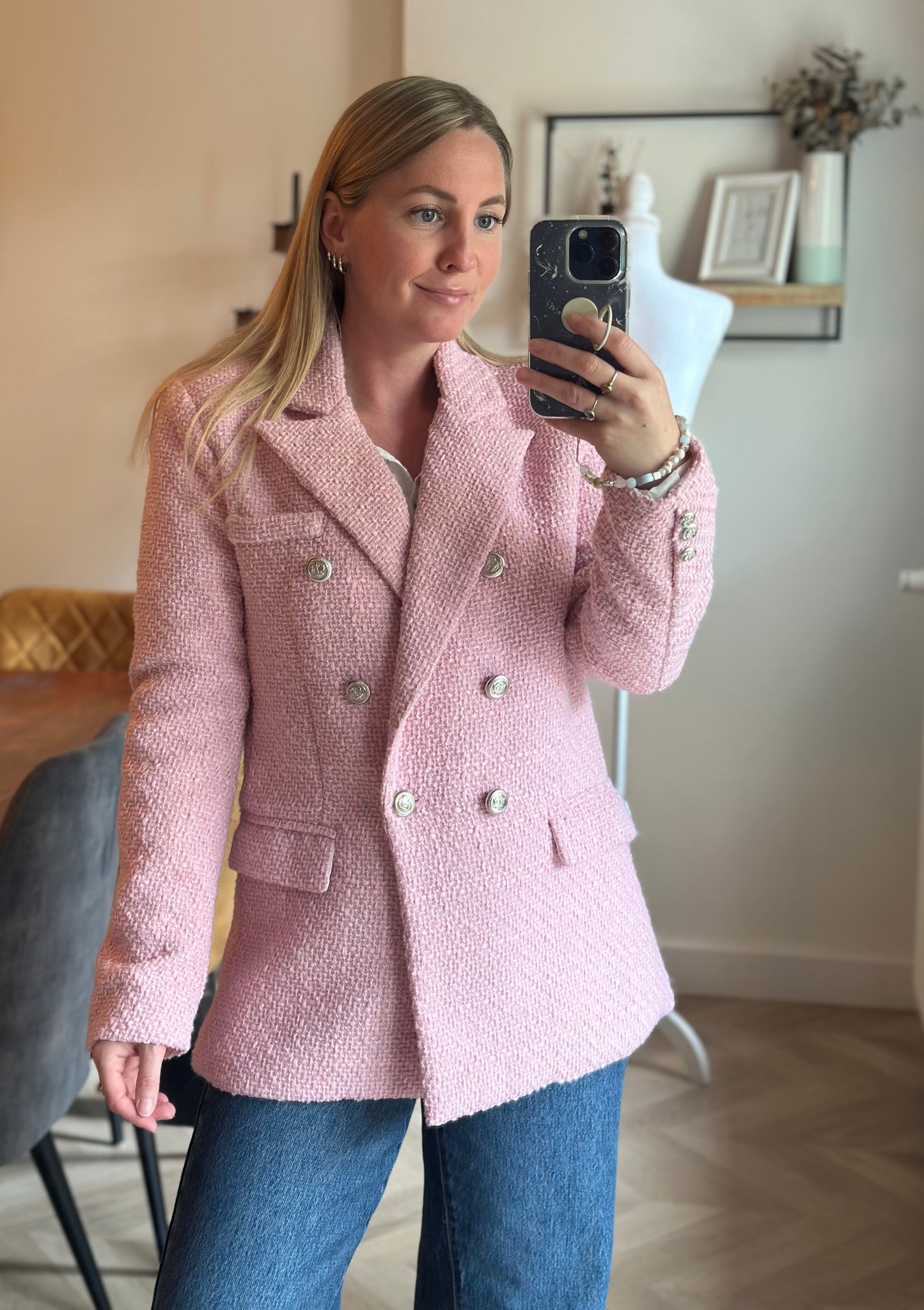 Blazer tweed rose clair boutons croisés T.36