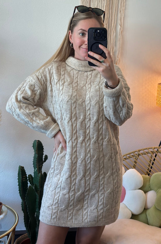 Robe pull en maille torsadée beige en laine - taille S - Sud Express