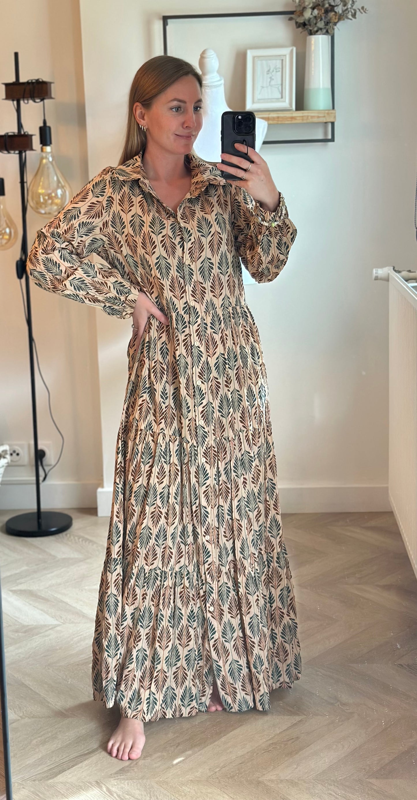 Robe longue imprimé feuillage en coton T.38