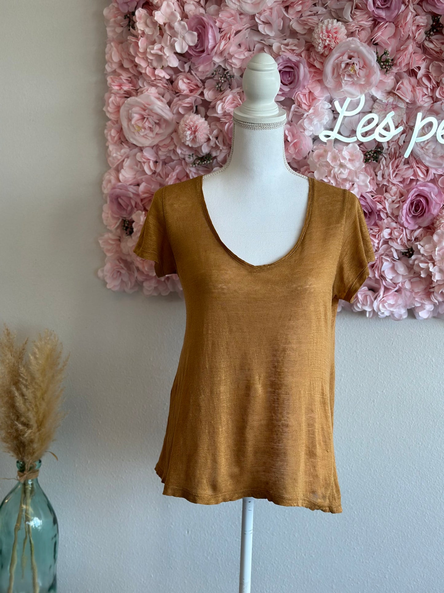 T-shirt en lin couleur caramel, T.36