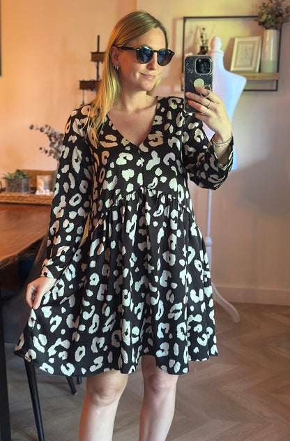 Robe fluide imprimé léopard noir et beige manches longues T.38/40