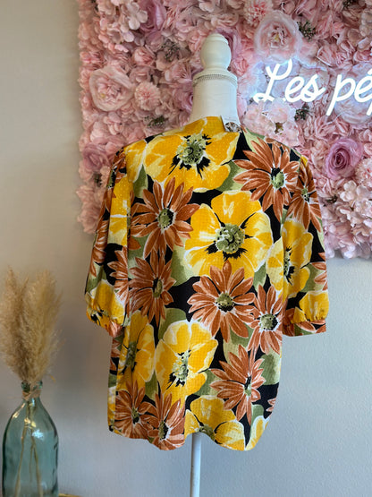 Chemise jaune imprimée fleurs, modèle vintage, T.U