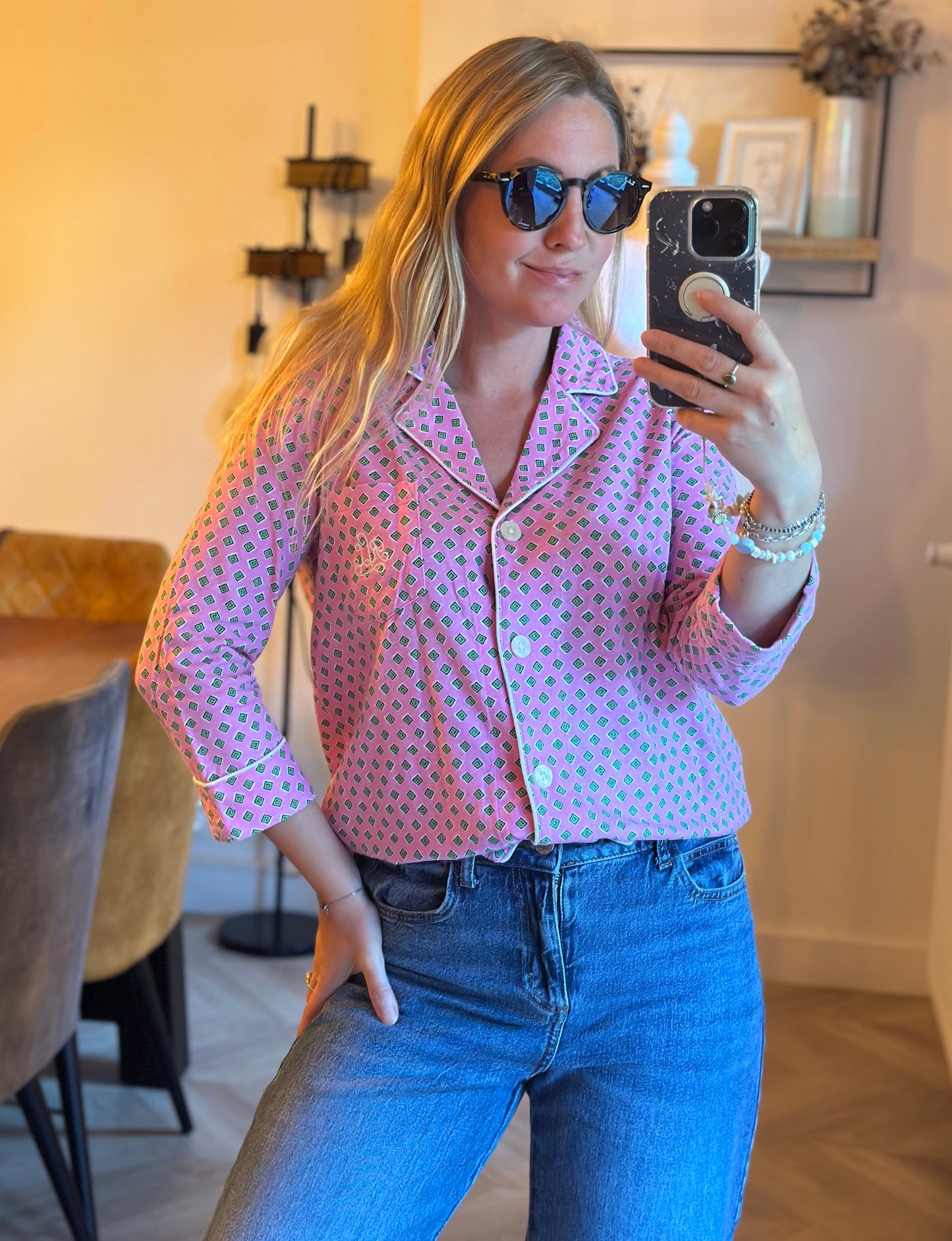 Chemise imprimé façon pyjama rose T.34
