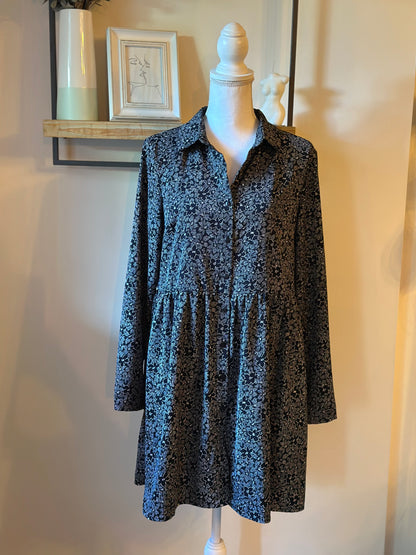 Robe chemise fluide imprimé floral noir et gris T.38