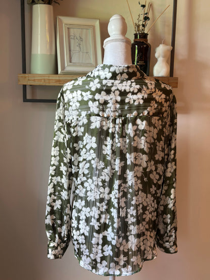 Chemise fleurie kaki & écru T.36