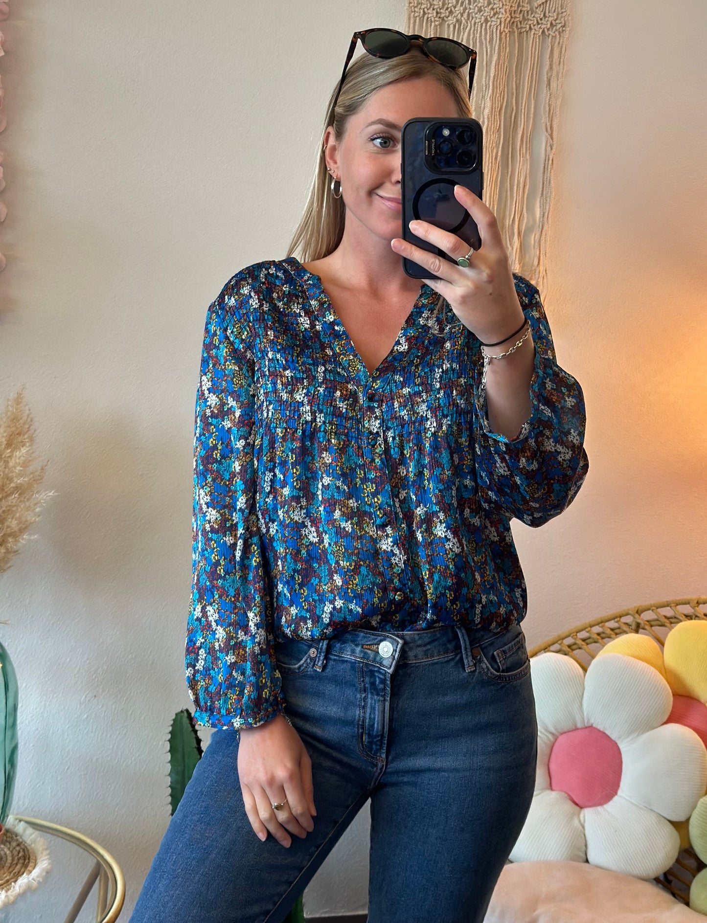 Blouse satinée bleue imprimée fleurs bohème, T.38