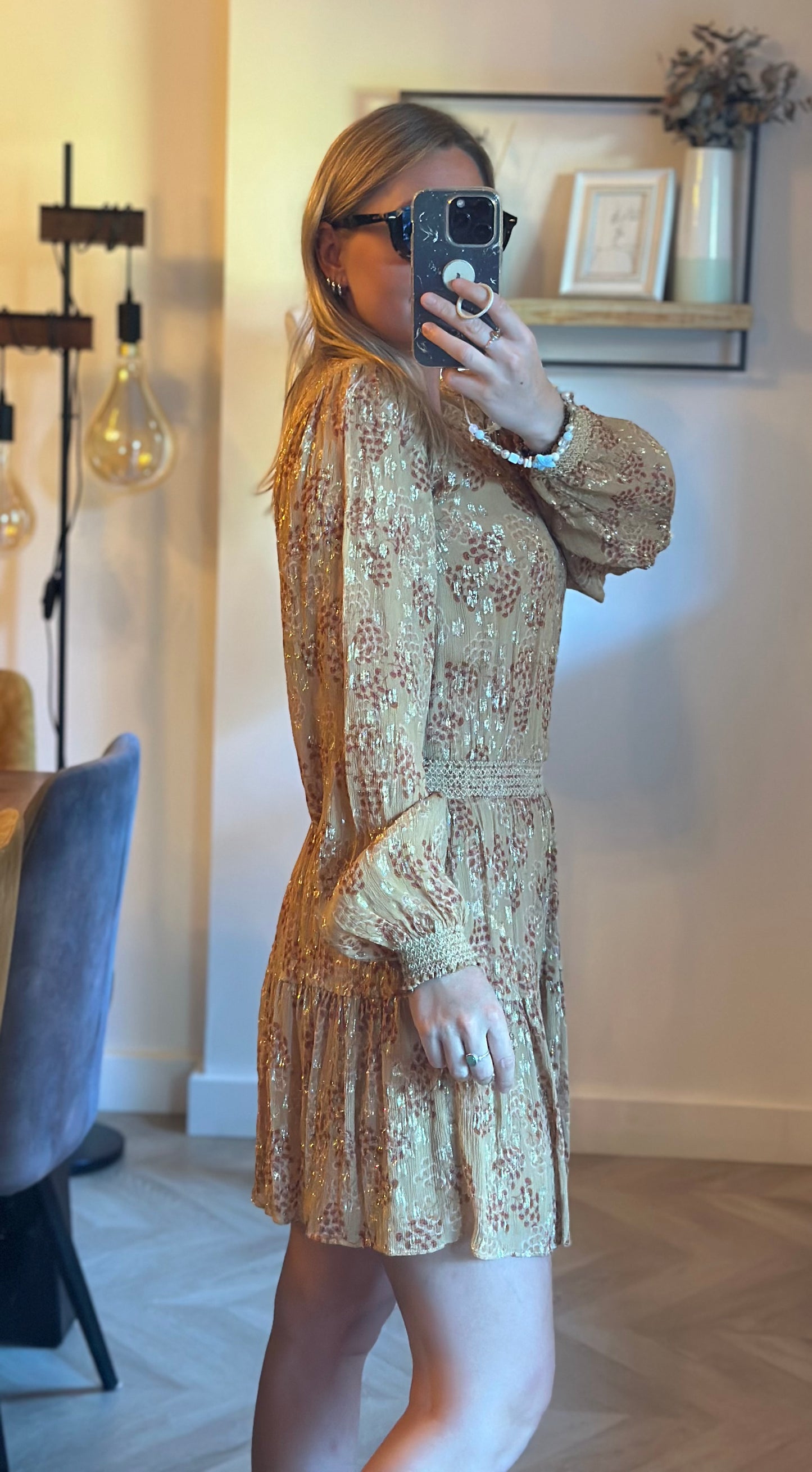 Robe midi imprimé fleuri beige nude et lurex doré taille 34