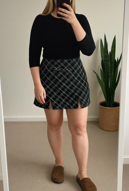 Jupe-short en tweed vert et noir T.40