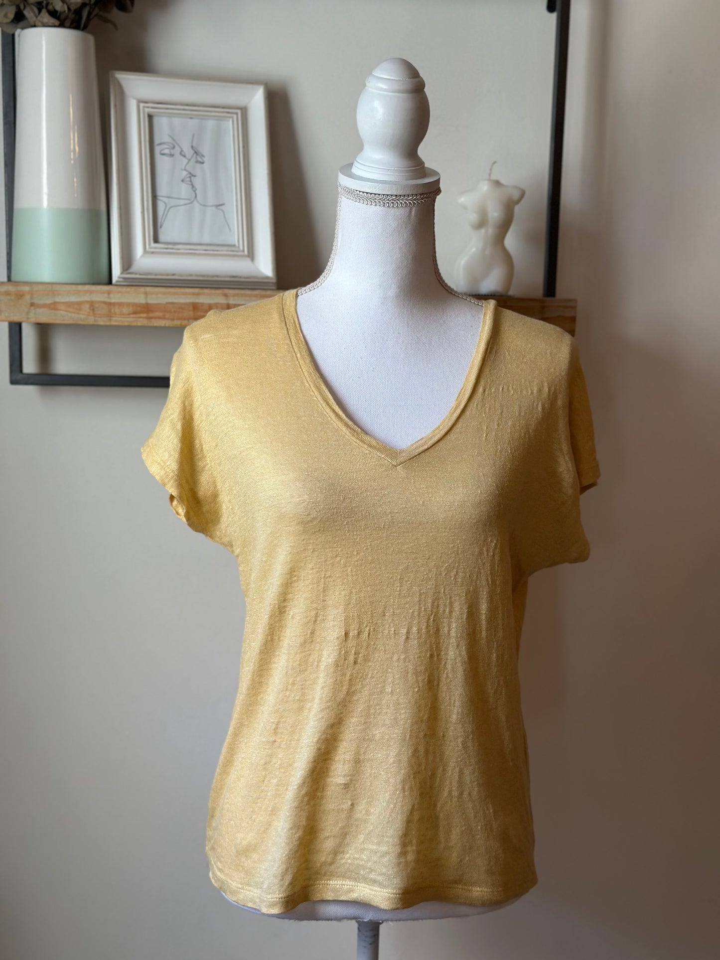 T-shirt lin jaune col V 100% lin T.36