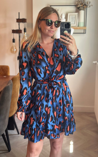 Robe imprimé léopard bleu et corail T.36/38