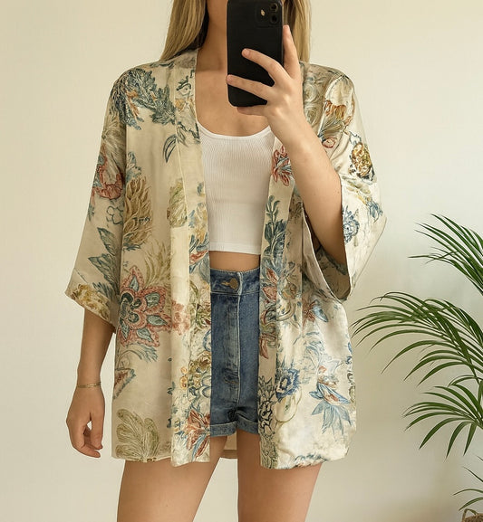 Kimono fluide crème à motifs fleuris T.unique