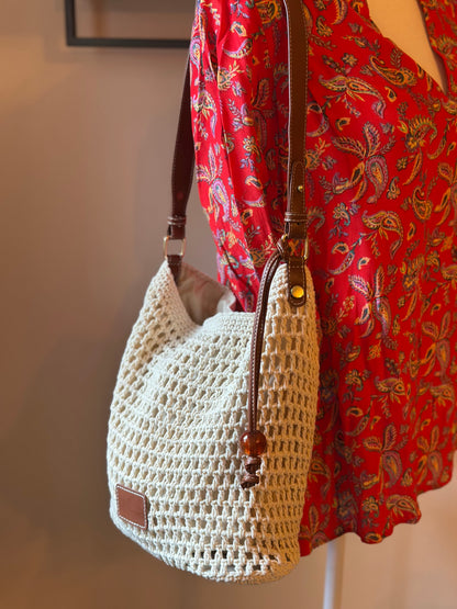 Sac bandoulière tressé crème et marron – Neuf