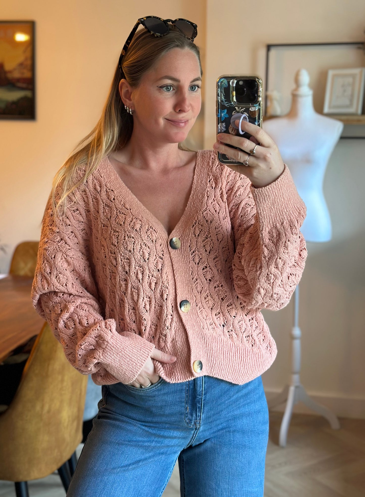 Gilet ajouré rose poudré en coton T.36 (coupe oversize)
