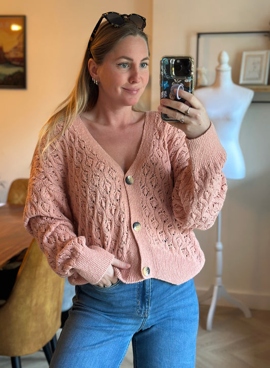 Gilet ajouré rose poudré en coton T.36 (coupe oversize)