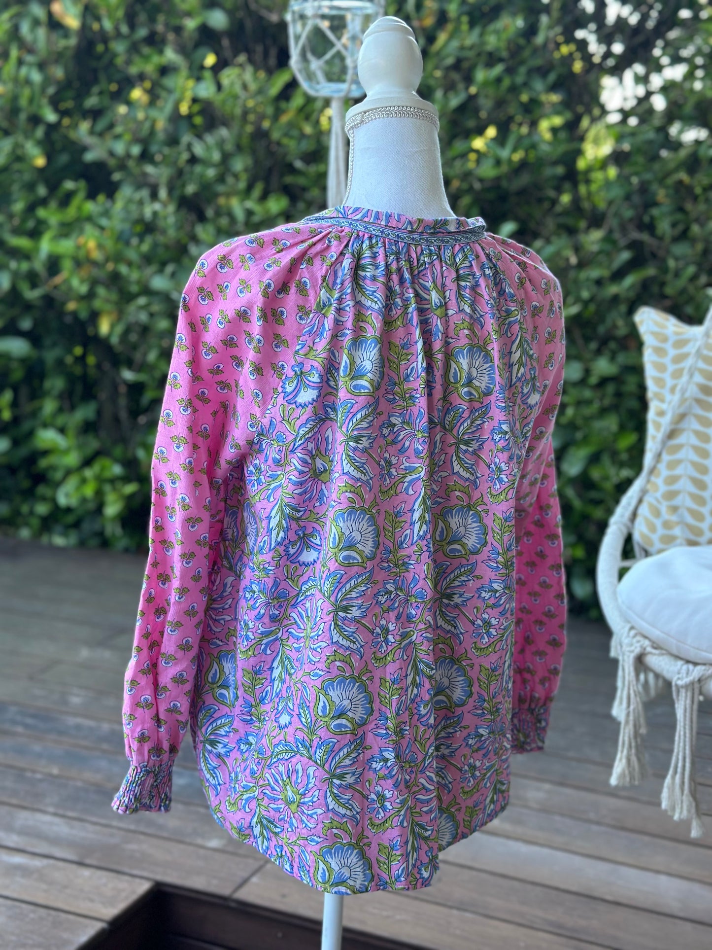 Blouse bohème modèle Raquel rose à motifs T.U (36 au 42)