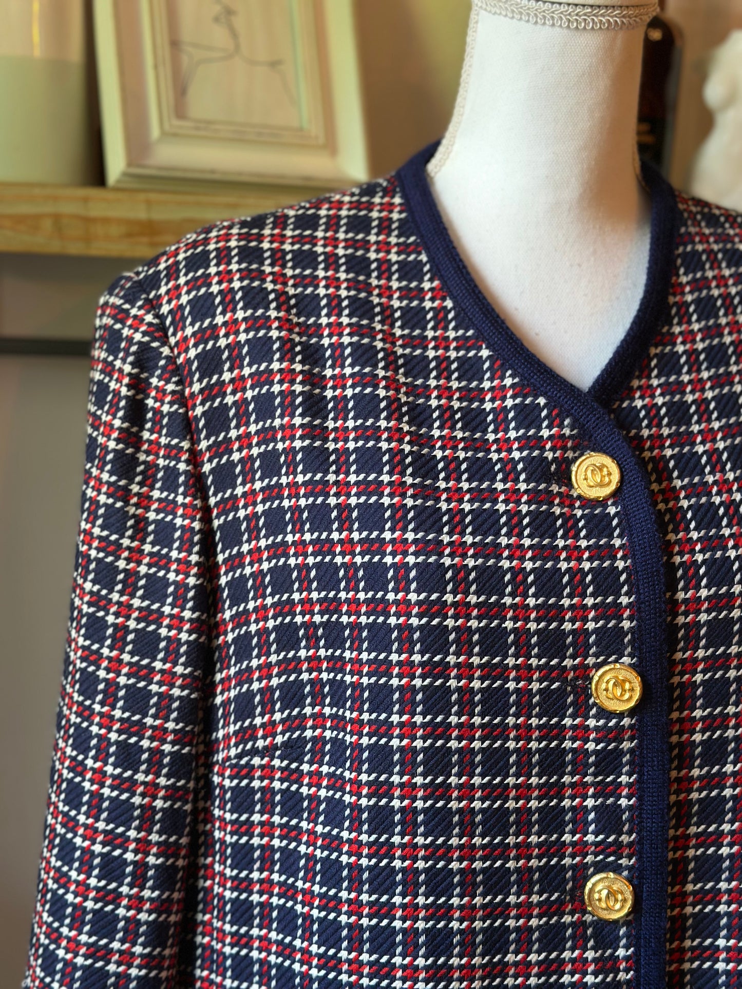 Veste vintage laine à carreaux bleu marine rouge et blanc T.42
