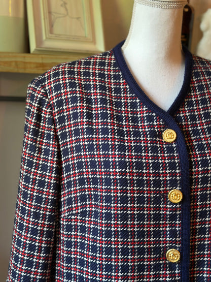 Veste vintage laine à carreaux bleu marine rouge et blanc T.42