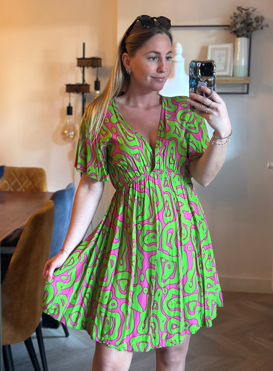 Robe fluide imprimé rose et verte en viscose T.36/38