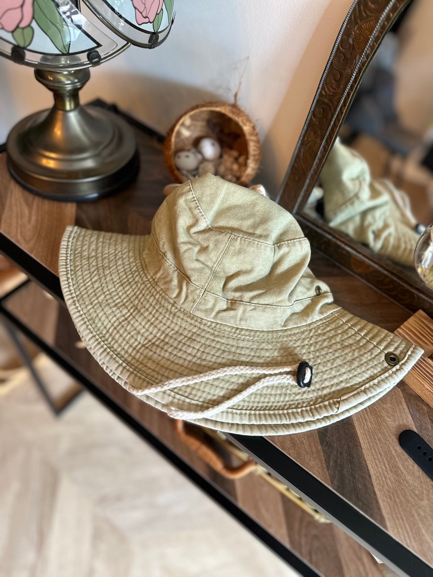Chapeau unisexe beige kaki effet denim avec cordon neuf