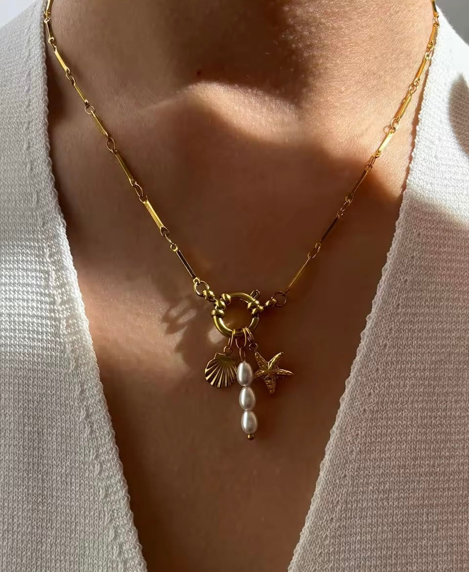 Collier “Trio Marin” – Acier inoxydable 316L, pendentifs coquillage, étoile de mer & perle