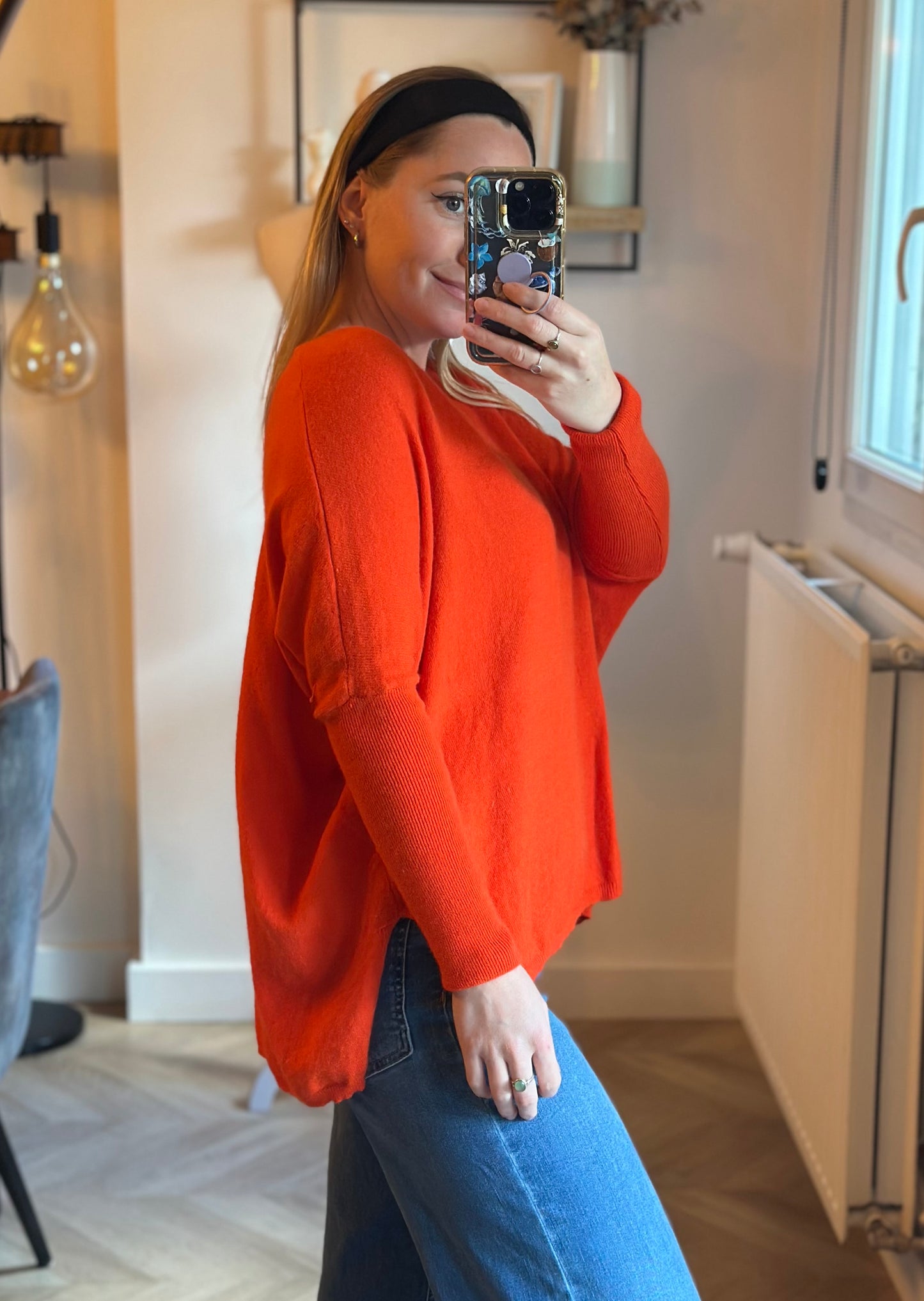 Pull rouge col V angora laine T.36