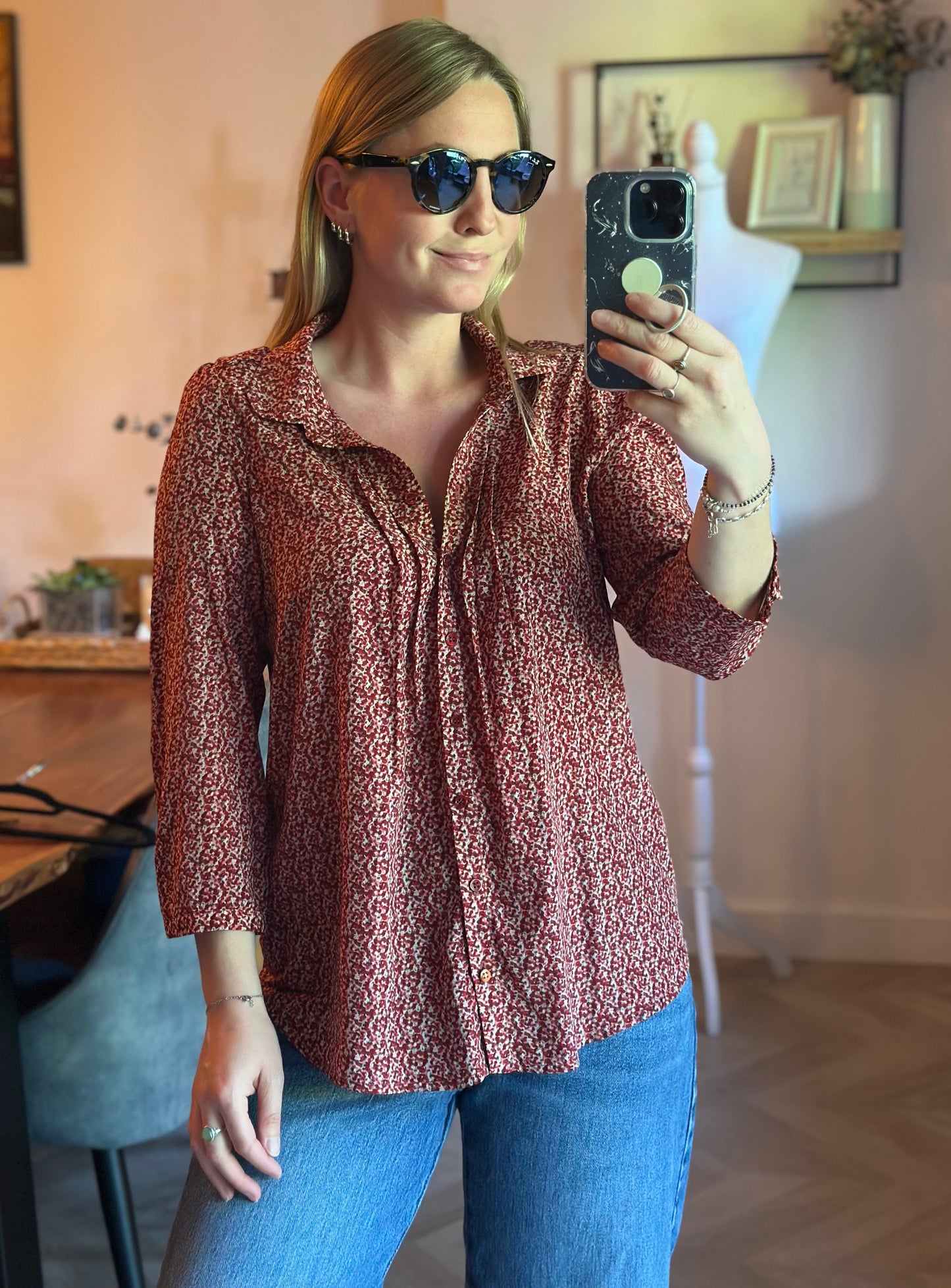 Chemise fluide imprimé bordeaux Naf Naf manches 3/4 - taille 36