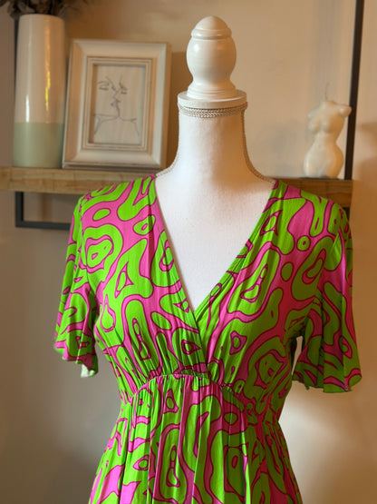 Robe fluide imprimé rose et verte en viscose T.36/38