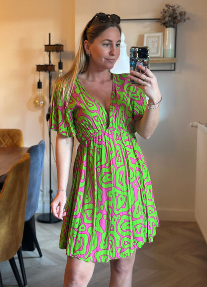 Robe fluide imprimé rose et verte en viscose T.36/38