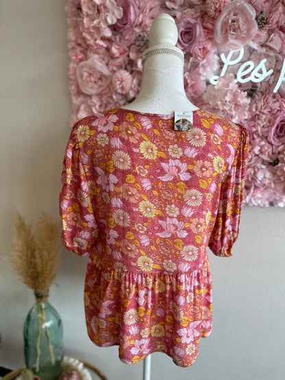 Blouse avec nœud, motifs fleuris rose orange, T.36/38