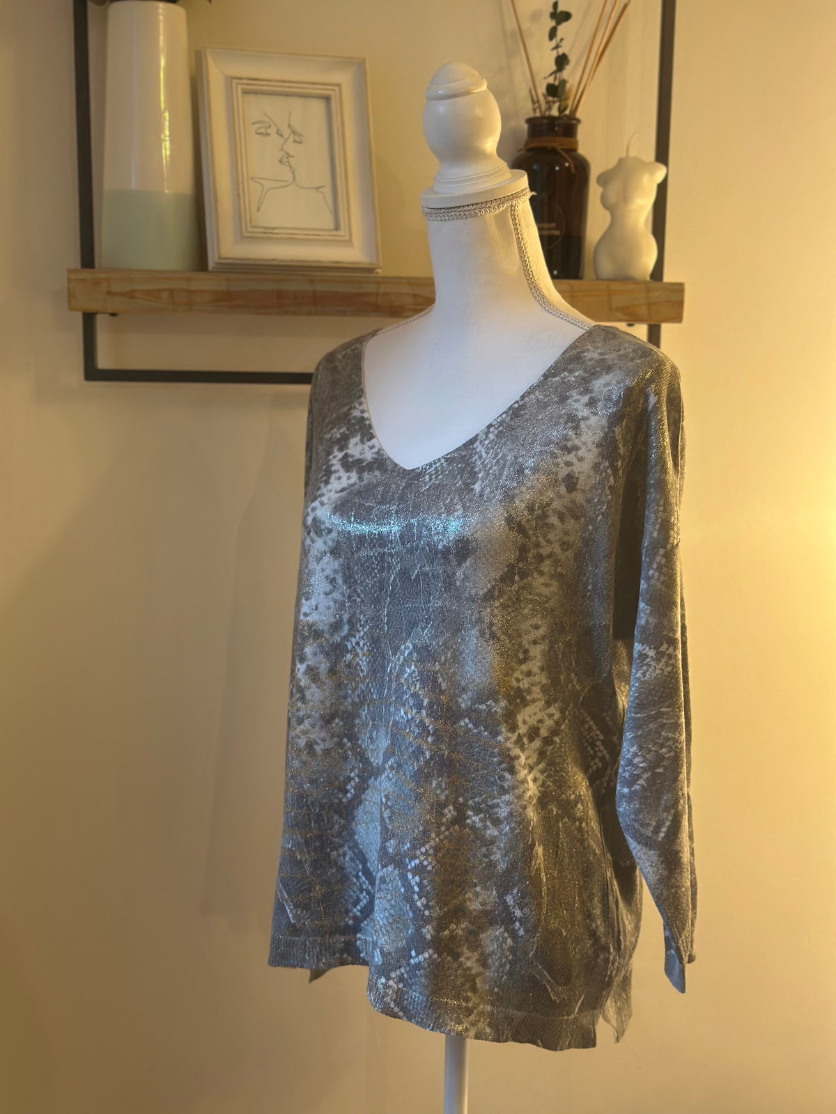 Pull tunique imprimé python kaki irisé doré et argenté T.U