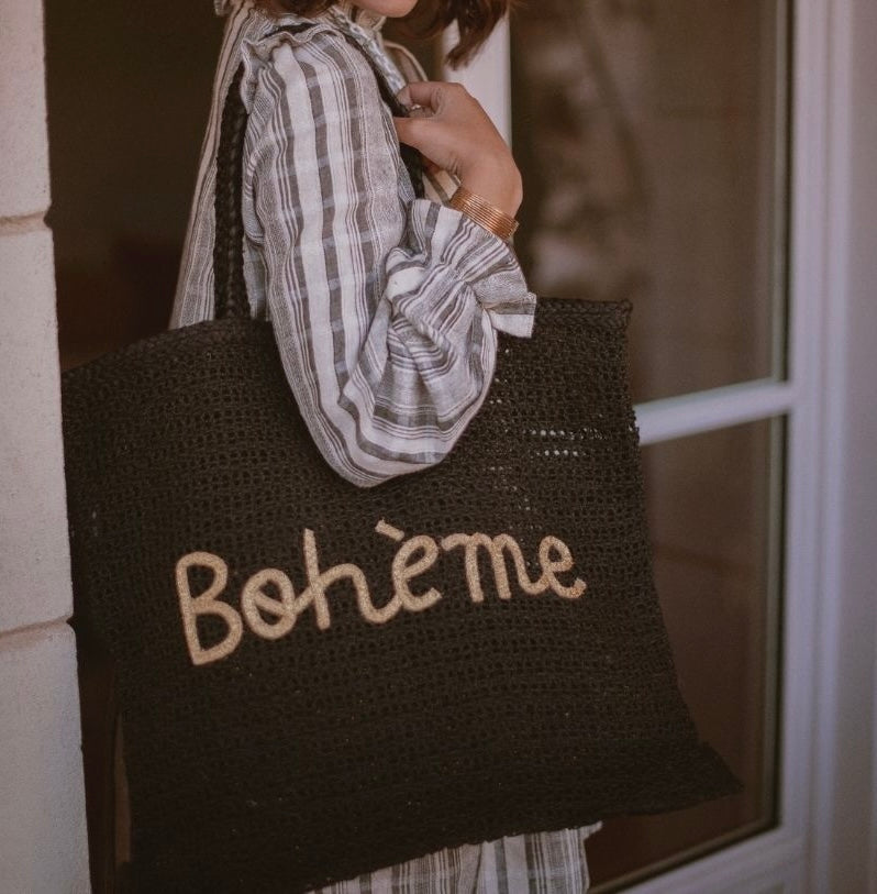 Sac cabas en jute bleu marine “Bohème” – anses cuir