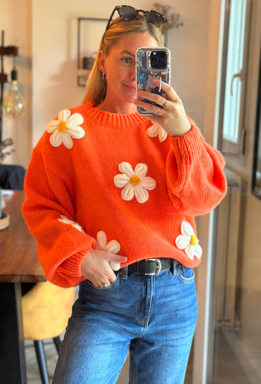 Pull oversize orange à fleurs brodées oversize T.36/38