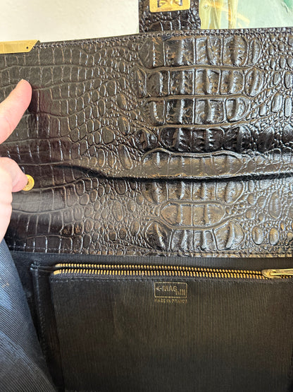 Sac porté épaule ou à main en cuir croco vintage, fabriqué en France