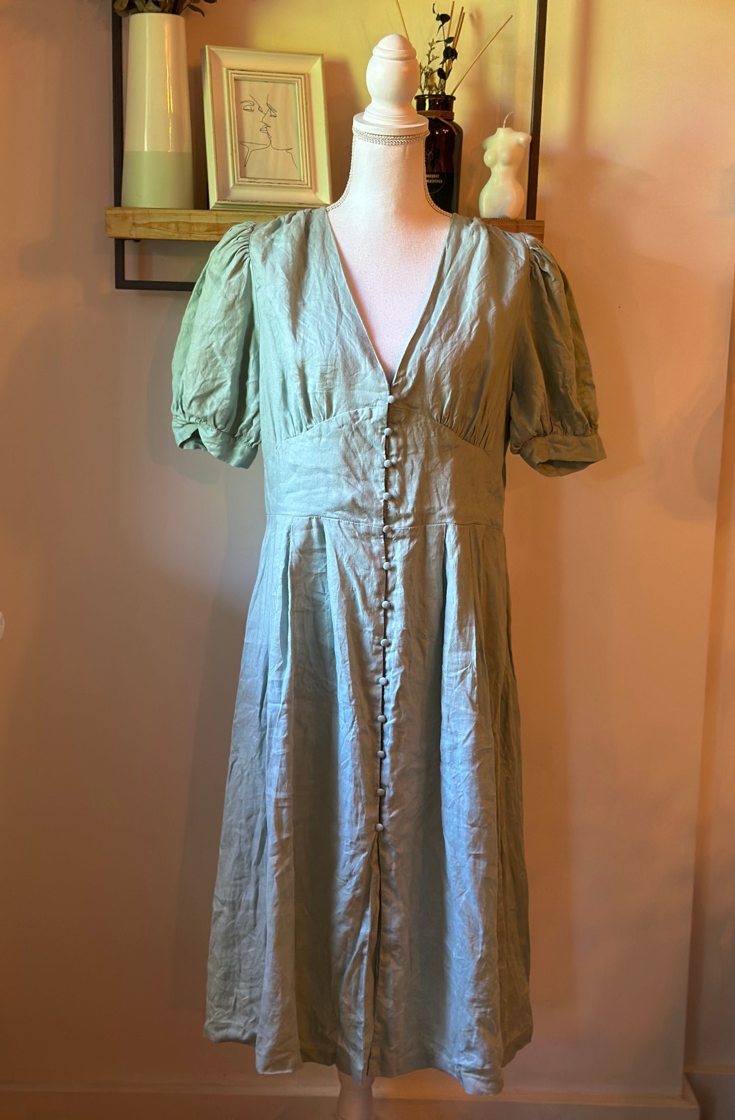 Robe midi en lin vert sauge T.42