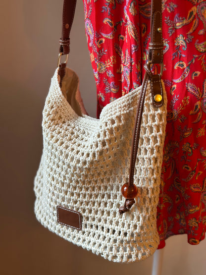 Sac bandoulière tressé crème et marron – Neuf