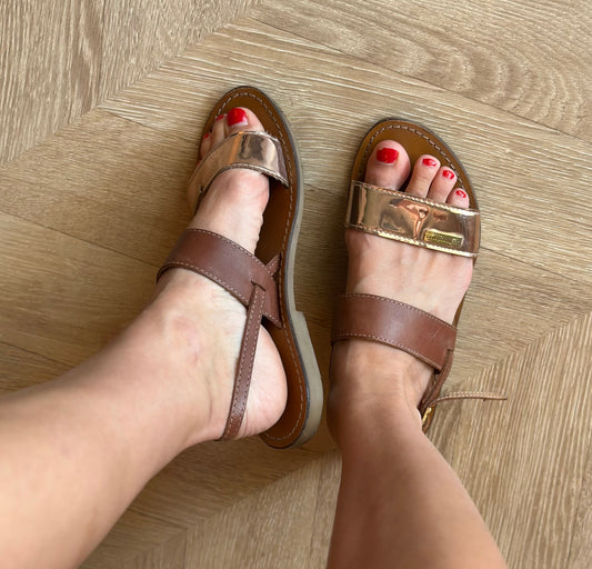 Sandales cuir camel et métallisé T.36