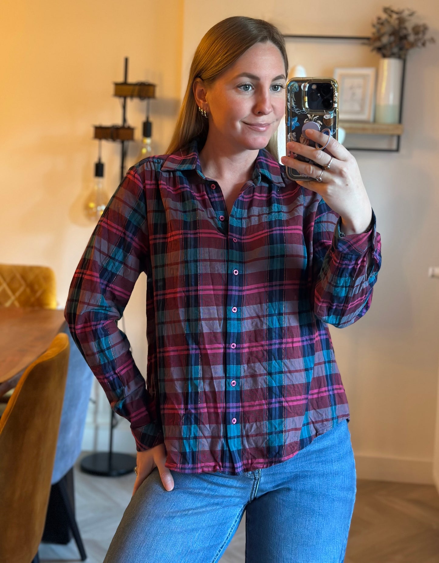 Chemise à carreaux rouge rose bleu lurex en coton T.36