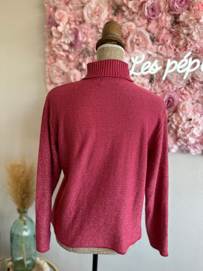 Pull vintage col roulé rose pailleté T.40