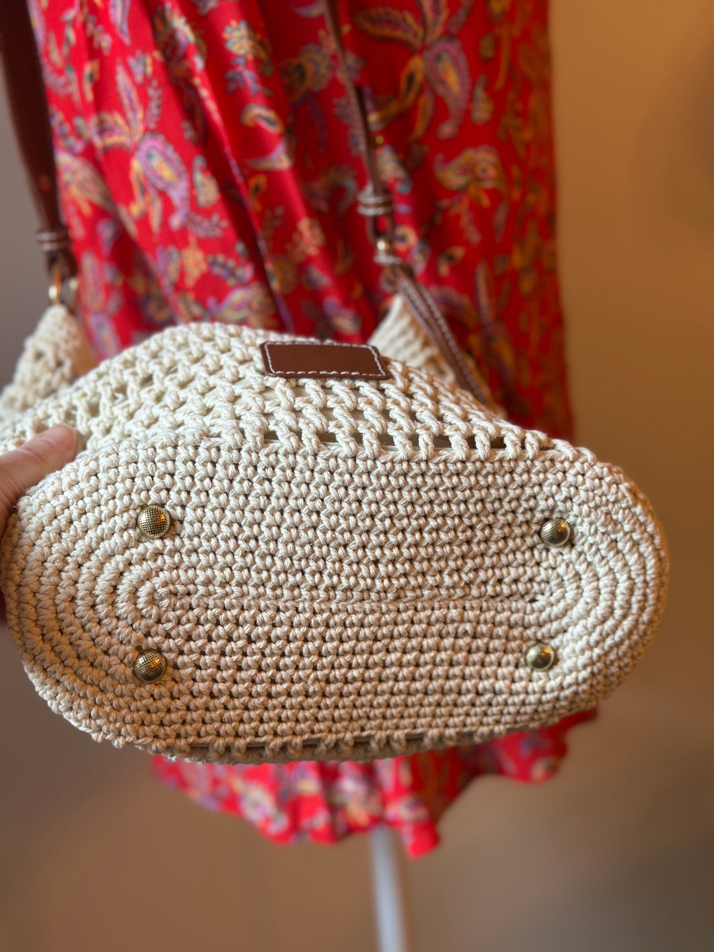 Sac bandoulière tressé crème et marron – Neuf