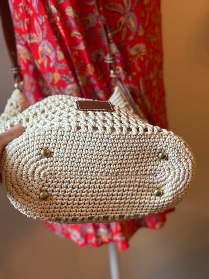 Sac bandoulière tressé crème et marron – Neuf